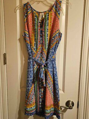 PINK OWL Sleeveless Geometric Print V-Neck Tie Front Dress